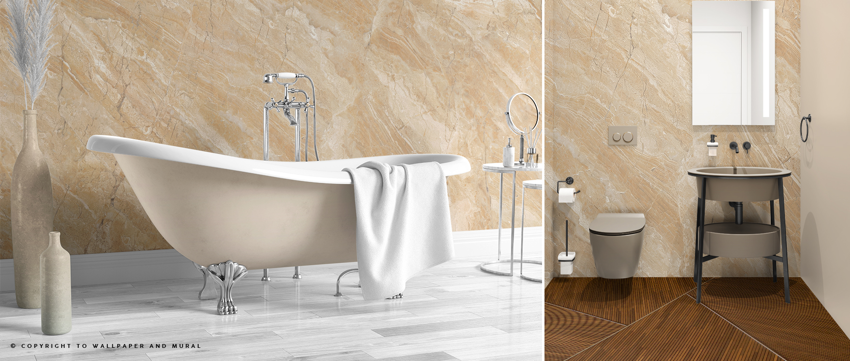 Compact bathroom with beige marble bathroom wallpaper, sleek sink, and toilet on wooden textured floor.