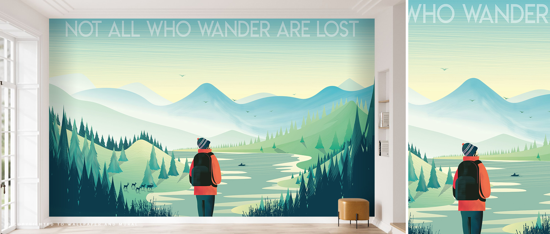 a-mural-wallpaper-with-a-hiker-overlooking-a-scenic-landscape-paired-with-minimal-lighting-wallpaper-and-lighting-integration A mural wallpaper with a hiker overlooking a scenic landscape, paired with minimal lighting. Wallpaper and lighting integration