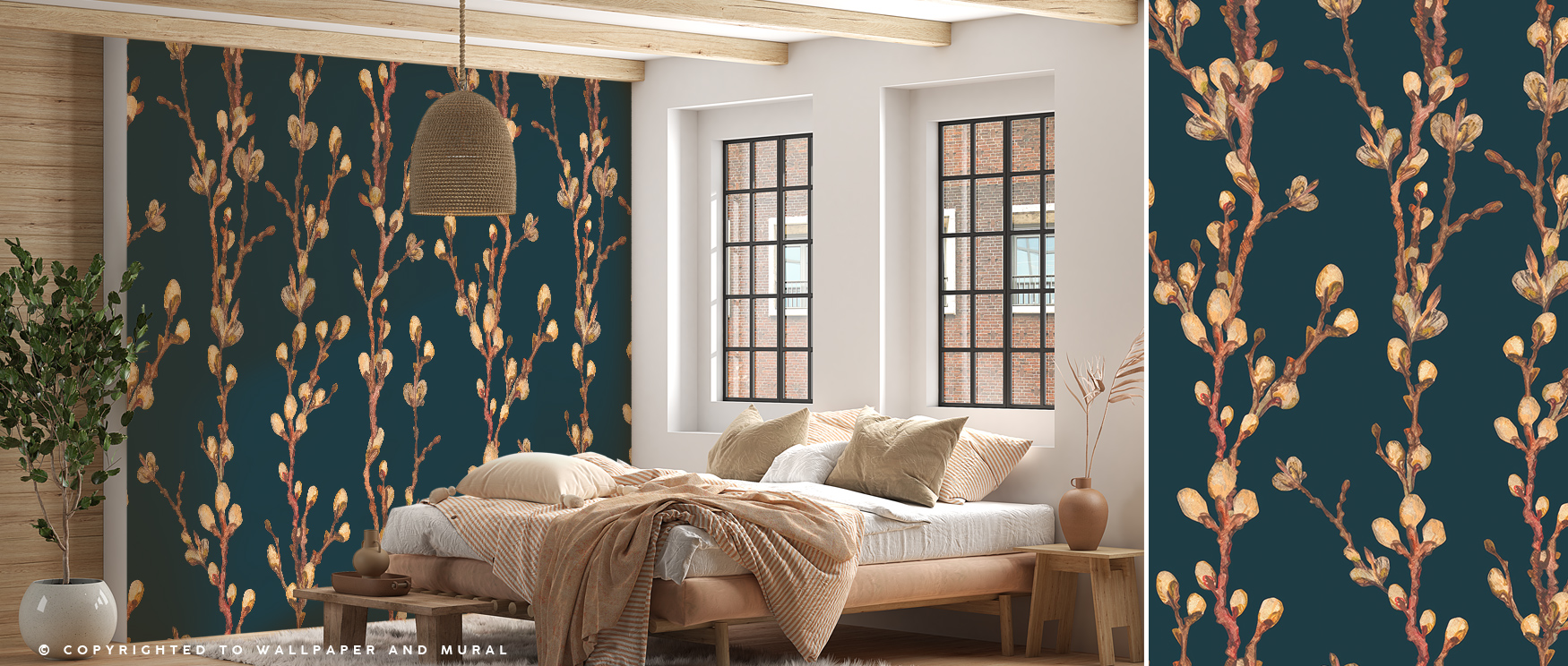 Dark blue William Morris wallpaper with golden floral branches in a rustic bedroom with wooden accents.