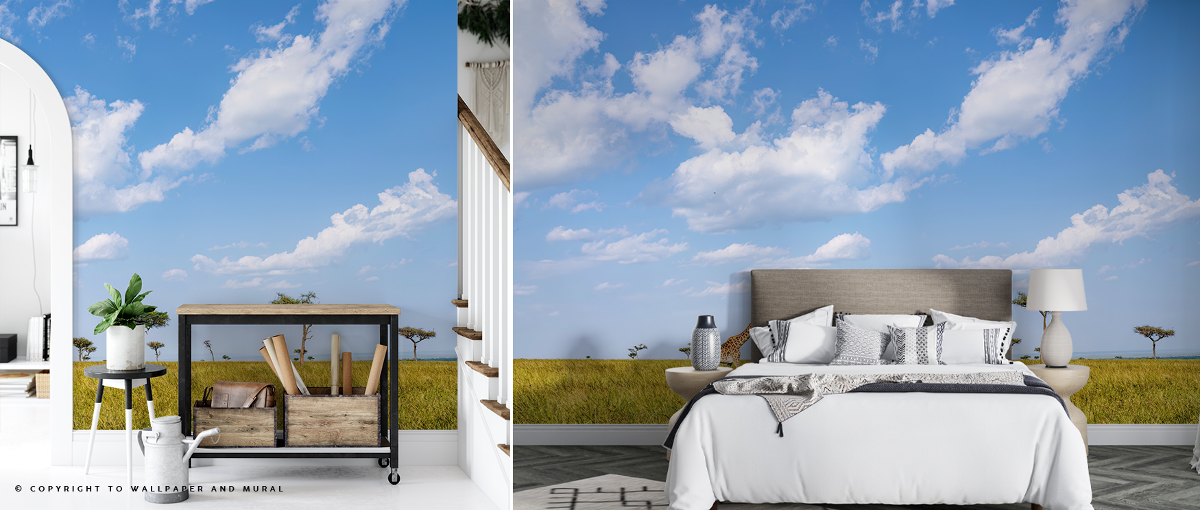 A bedroom with a large window and a serene blue wallpaper featuring a sky with clouds, showcasing blue wallpaper trends