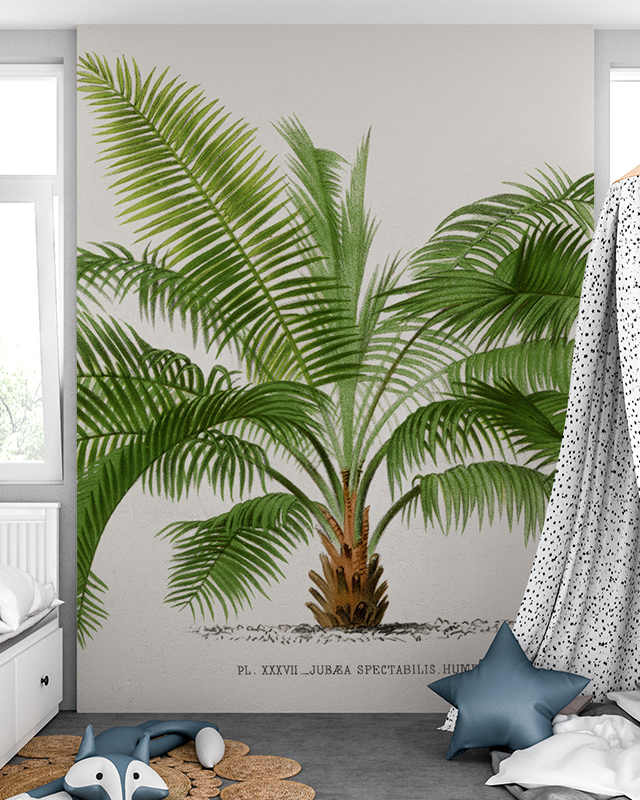 a-children-s-room-with-eco-friendly-wallpaper-depicting-a-large-detailed-palm-tree-complemented-by-cozy-decor A children's room with eco-friendly wallpaper depicting a large, detailed palm tree, complemented by cozy decor
