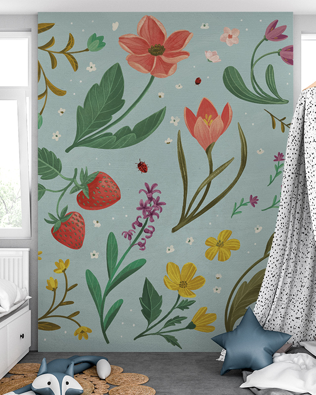 a-cozy-room-with-floral-and-strawberry-themed-wallpaper-and-lighting-featuring-playful-decor-and-a-floor-cushion A cozy room with floral and strawberry-themed wallpaper and lighting, featuring playful decor and a floor cushion