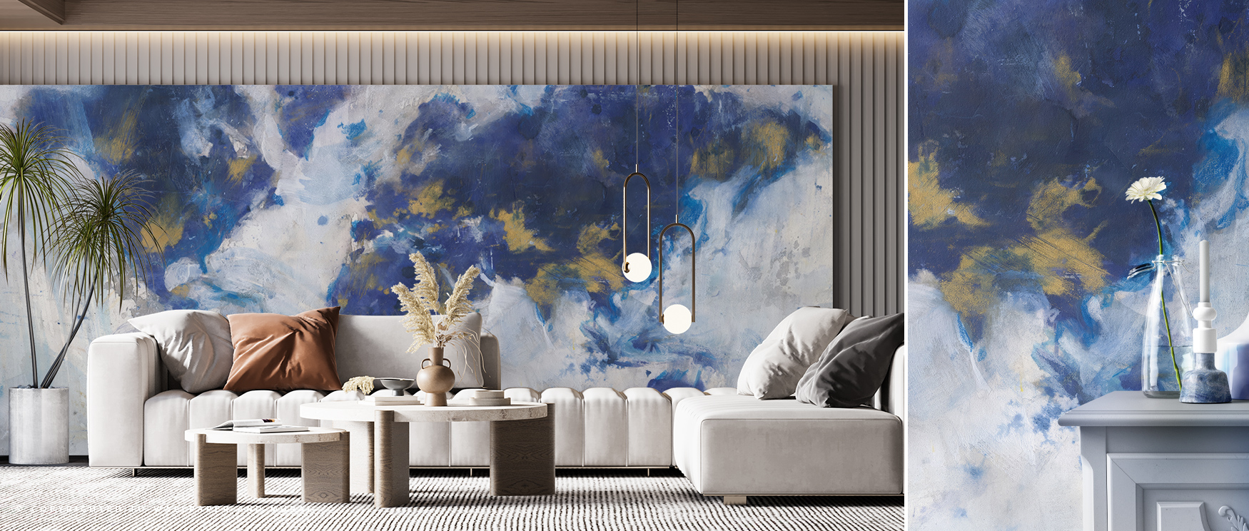 A modern living room featuring an abstract blue wallpaper, highlighting blue wallpaper trends, with cozy white sofas and contemporary lighting fixtures