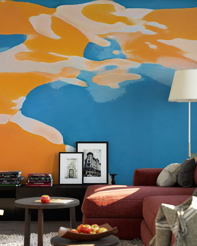 a-red-sofa-contrasts-against-abstract-blue-wallpaper-patterns-with-framed-artwork-and-a-lamp-adding-decor A red sofa contrasts against abstract Blue wallpaper patterns, with framed artwork and a lamp adding decor