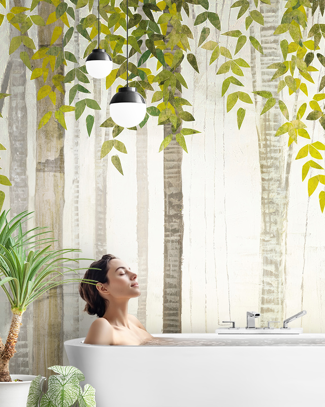 a-serene-bathroom-featuring-eco-friendly-wallpaper-with-a-forest-design-showing-tall-trees-and-lush-green-leaves A serene bathroom featuring eco-friendly wallpaper with a forest design, showing tall trees and lush green leaves