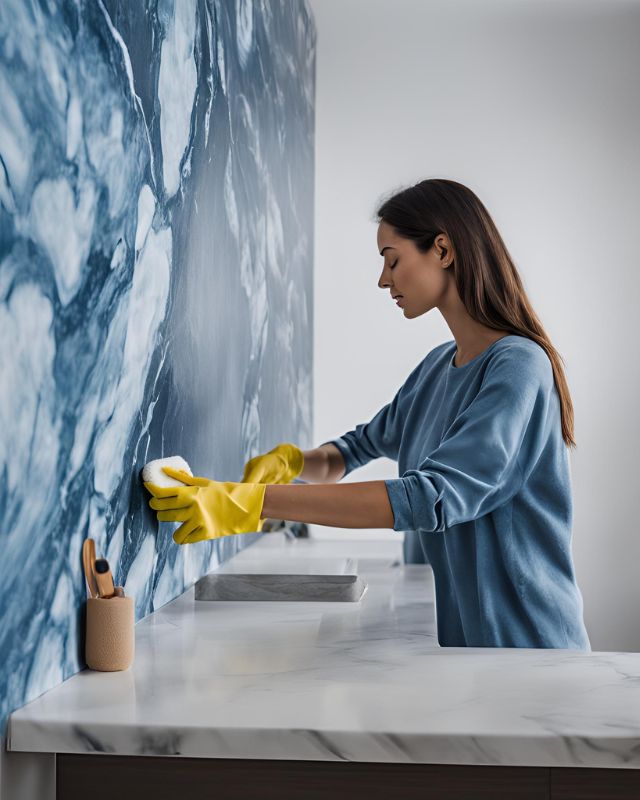a-woman-cleaning-marble-patterned-blue-wallpaper-for-commercial-spaces-wearing-yellow-gloves-next-to-a-marble-countertop A woman cleaning marble-patterned blue wallpaper for commercial spaces, wearing yellow gloves, next to a marble countertop.