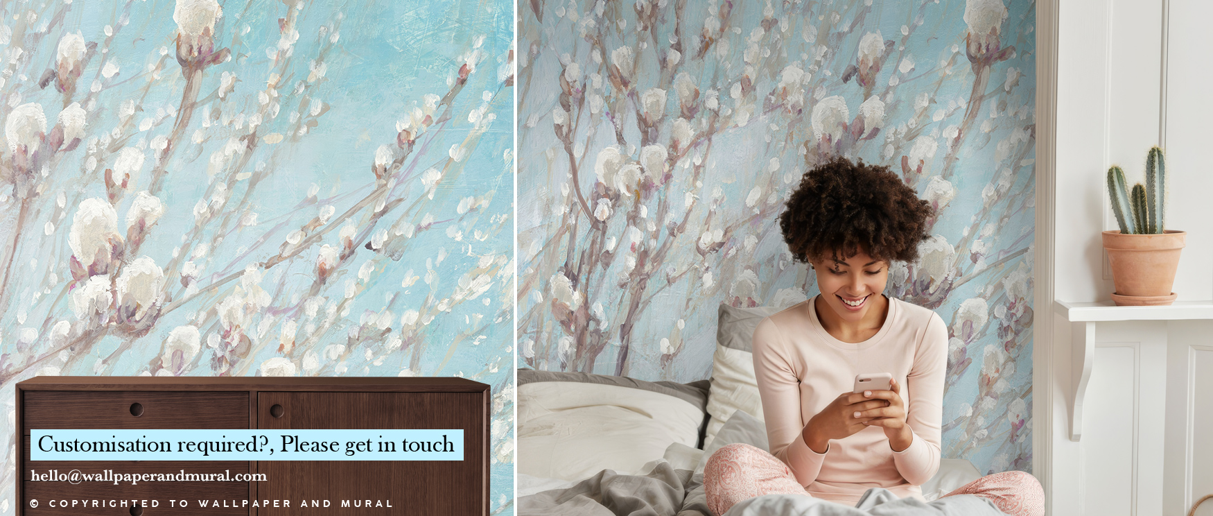 a-woman-smiles-at-her-phone-while-sitting-in-front-of-blue-wallpaper-textures-featuring-delicate-white-blossoms A woman smiles at her phone while sitting in front of blue wallpaper textures featuring delicate white blossoms