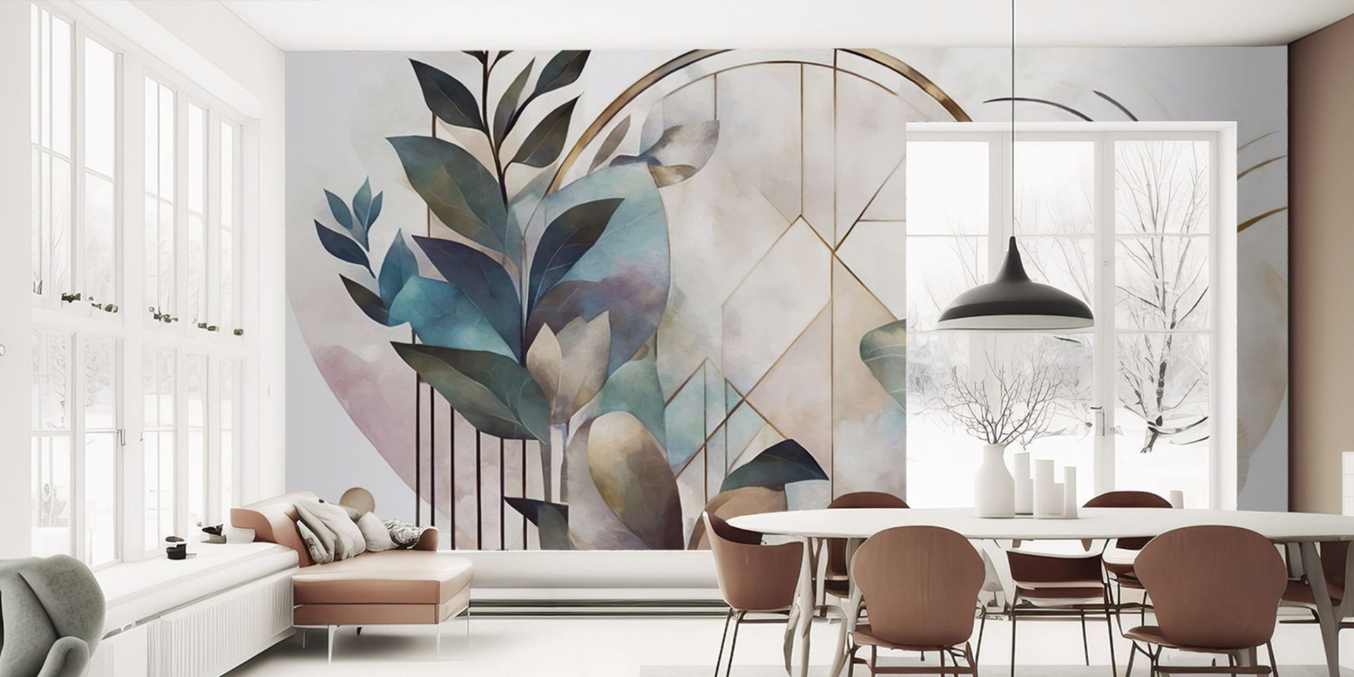 Abstract leaf design on a blue wallpaper for commercial spaces, accenting a modern dining area with natural light.