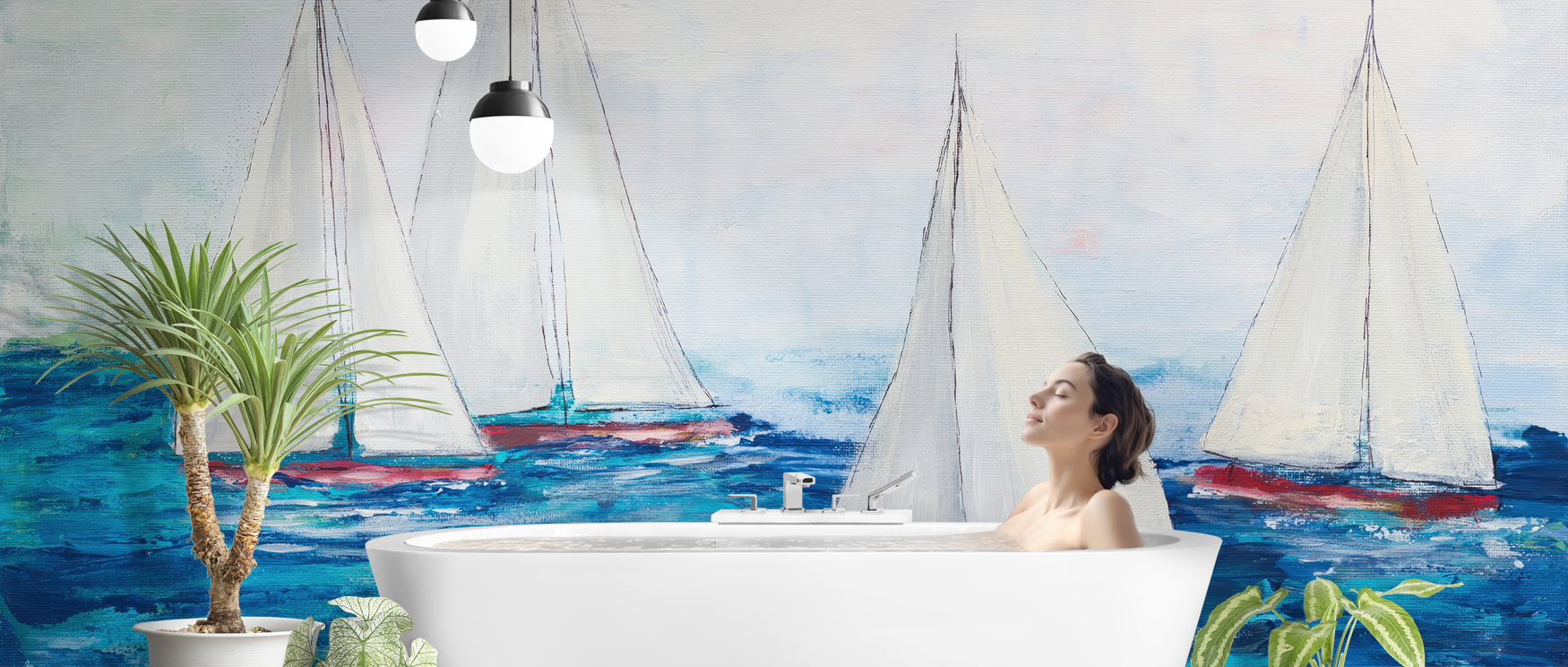 bathroom-with-blue-wallpaper-patterns-featuring-sailboats-a-white-bathtub-and-indoor-plants-for-a-serene-nautical-vibe Bathroom with blue wallpaper patterns featuring sailboats, a white bathtub, and indoor plants for a serene, nautical vibe