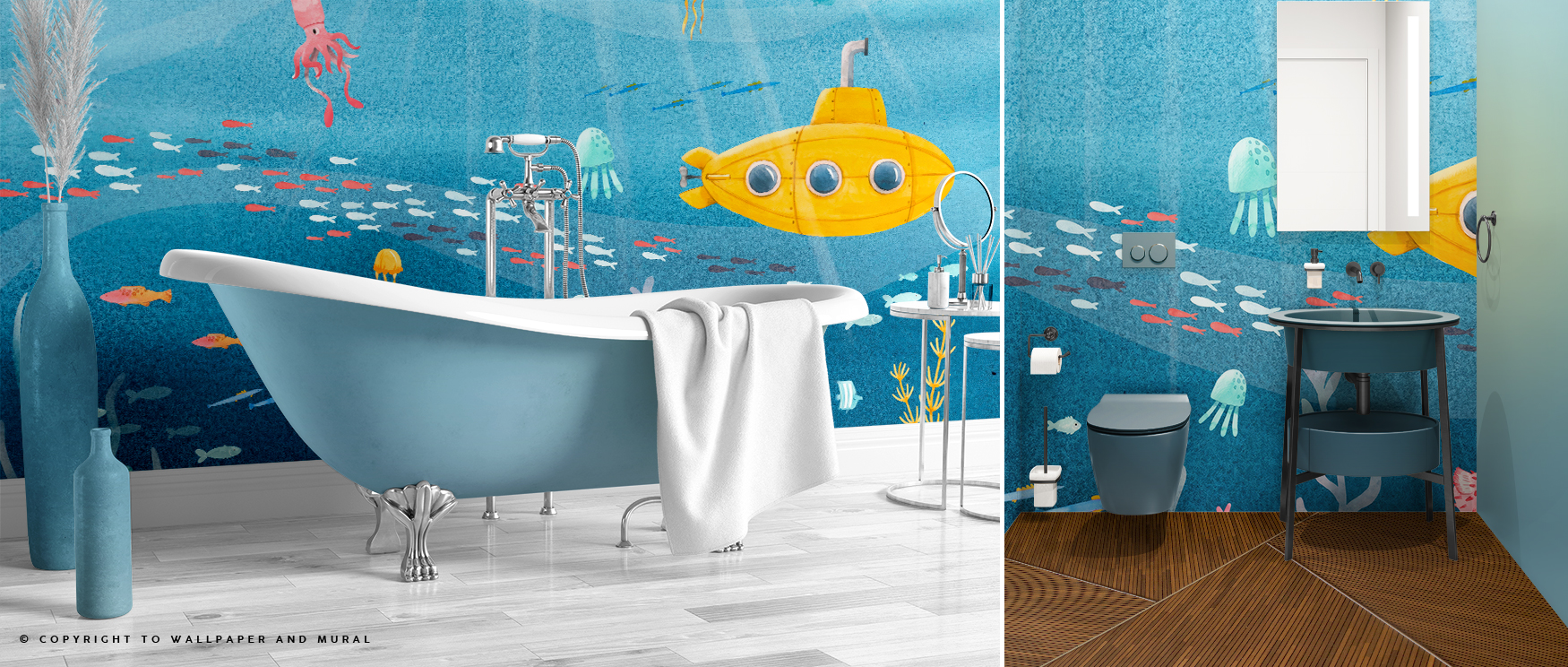Bathroom with underwater-themed mural featuring a yellow submarine and marine life, showcasing blue wallpaper trends