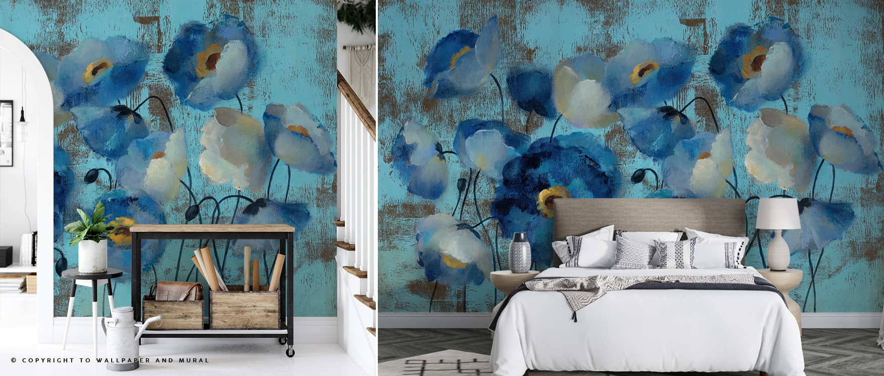 bedroom-and-hallway-with-distressed-blue-wallpaper-patterns-featuring-large-blue-and-white-floral-designs Bedroom and hallway with distressed blue wallpaper patterns featuring large blue and white floral designs