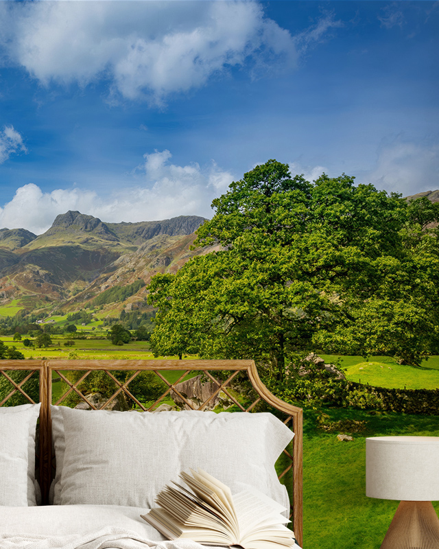 bedroom-with-a-good-wallpaper-maintenance-of-a-green-landscape-under-a-blue-sky-featuring-a-natural-wood-headboard Bedroom with a good wallpaper maintenance of a green landscape under a blue sky, featuring a natural wood headboard.
