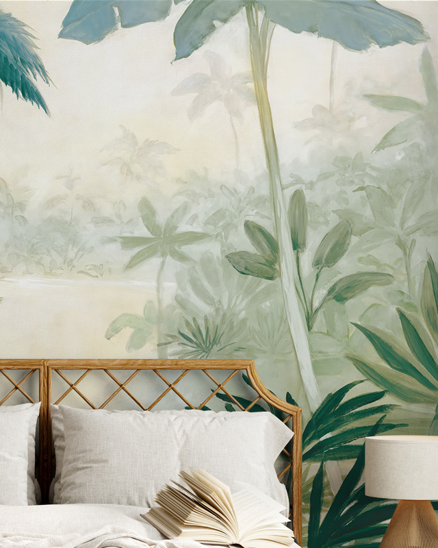 bedroom-with-a-soft-tropical-leaf-wallpaper-maintenance-in-pastel-greens-and-blues-featuring-a-rattan-headboard Bedroom with a soft, tropical leaf wallpaper maintenance in pastel greens and blues, featuring a rattan headboard.
