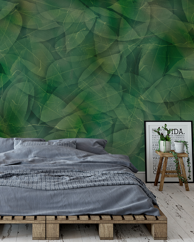 bedroom-with-a-vibrant-green-leaf-wallpaper-maintenance-featuring-a-wooden-pallet-bed-and-gray-bedding Bedroom with a vibrant green leaf wallpaper maintenance, featuring a wooden pallet bed and gray bedding.