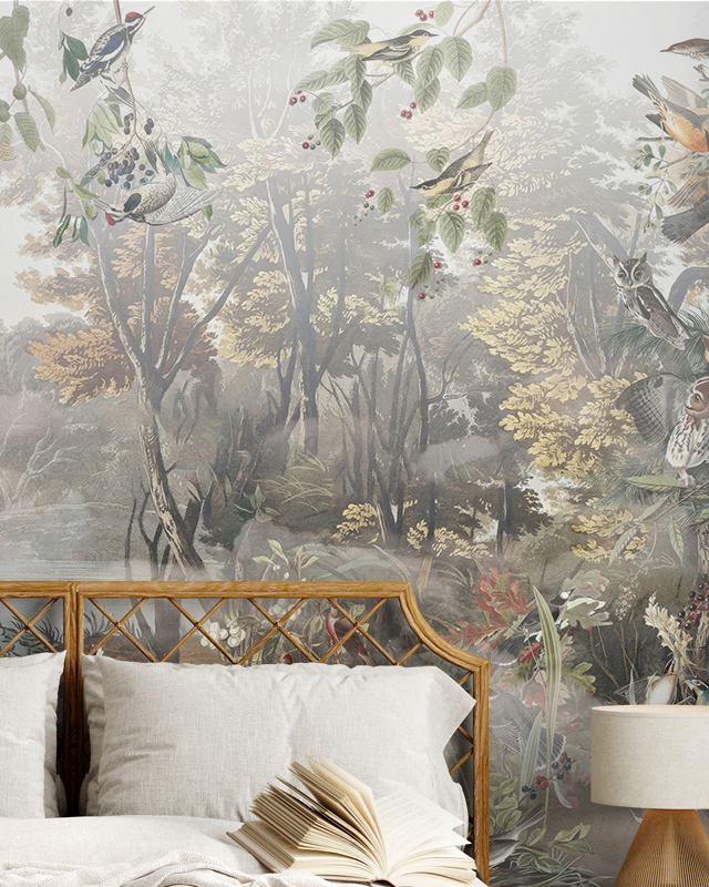 bedroom-with-a-vintage-wallpaper-maintenance-featuring-birds-and-foliage-light-bedding-and-rattan-headboard Bedroom with a vintage wallpaper maintenance featuring birds and foliage, light bedding, and rattan headboard.