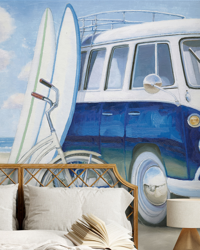 Bedroom with rattan headboard and beach-themed blue wallpaper trends featuring a surf van and surfboards