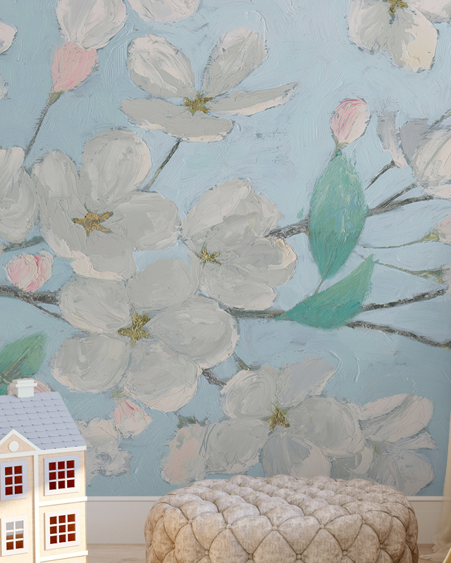 close-up-of-floral-blue-wallpaper-textures-with-a-pouf-and-toy-house-placed-in-front Close-up of floral Blue Wallpaper Textures with a pouf and toy house placed in front