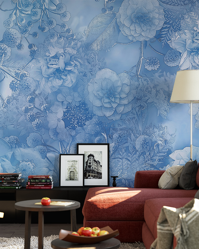detailed-blue-floral-wallpaper-behind-a-red-sofa-framed-art-and-a-modern-lamp-blue-wallpaper-for-commercial-spaces Detailed blue floral wallpaper behind a red sofa, framed art, and a modern lamp. Blue wallpaper for commercial spaces.