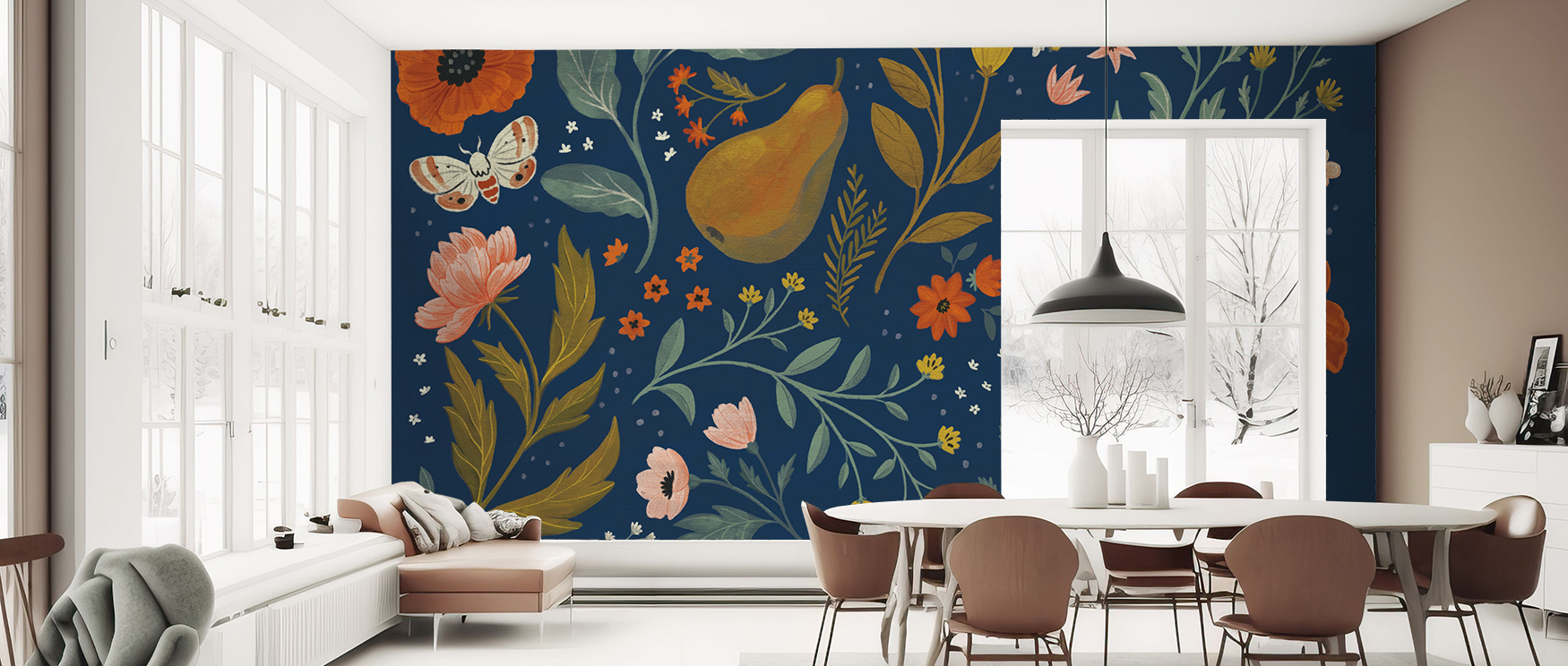 dining-room-with-blue-wallpaper-patterns-featuring-flowers-leaves-and-a-pear-illustration-creating-a-cozy-atmosphere Dining room with blue wallpaper patterns featuring flowers, leaves, and a pear illustration, creating a cozy atmosphere