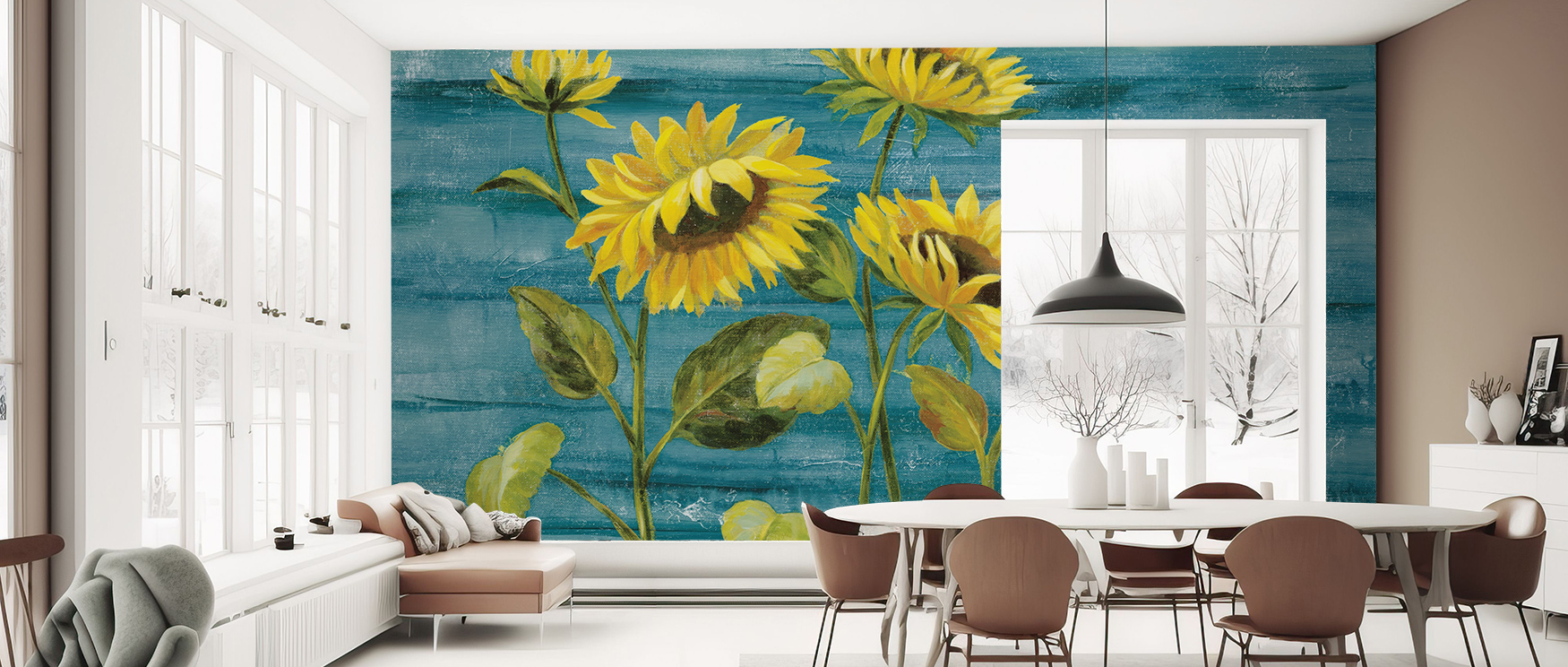 dining-room-with-large-sunflowers-against-blue-wallpaper-textures-adding-vibrant-contrast-and-warmth-to-the-space modern bathroom with a blue freestanding tub and blue wallpaper textures featuring abstract ocean inspired designs