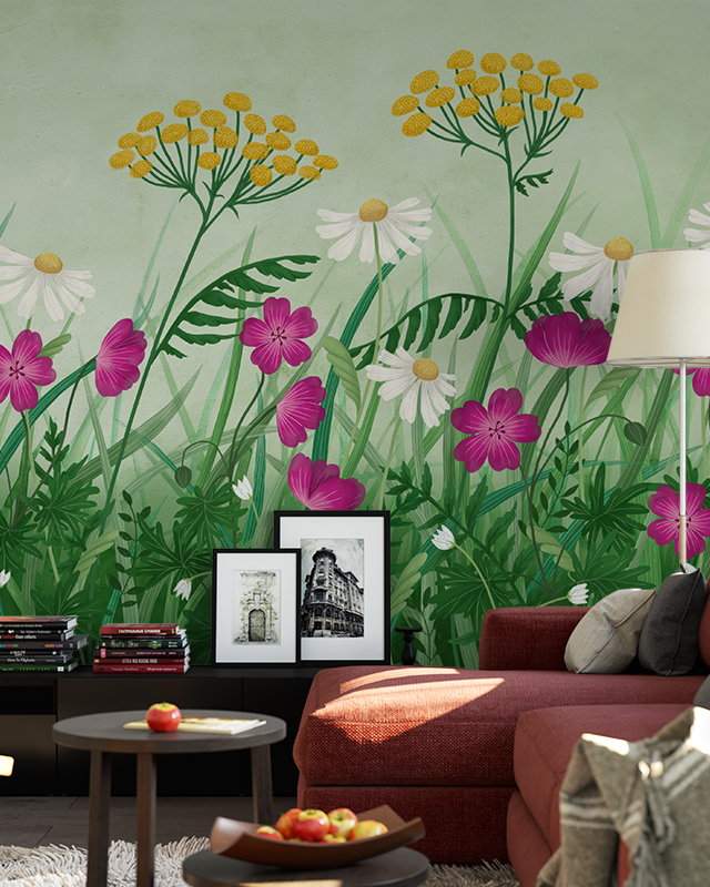 eco-friendly-wallpaper-with-vibrant-wildflowers-and-greenery-with-framed-pictures-and-a-red-sofa-in-front Eco-friendly wallpaper with vibrant wildflowers and greenery, with framed pictures and a red sofa in front