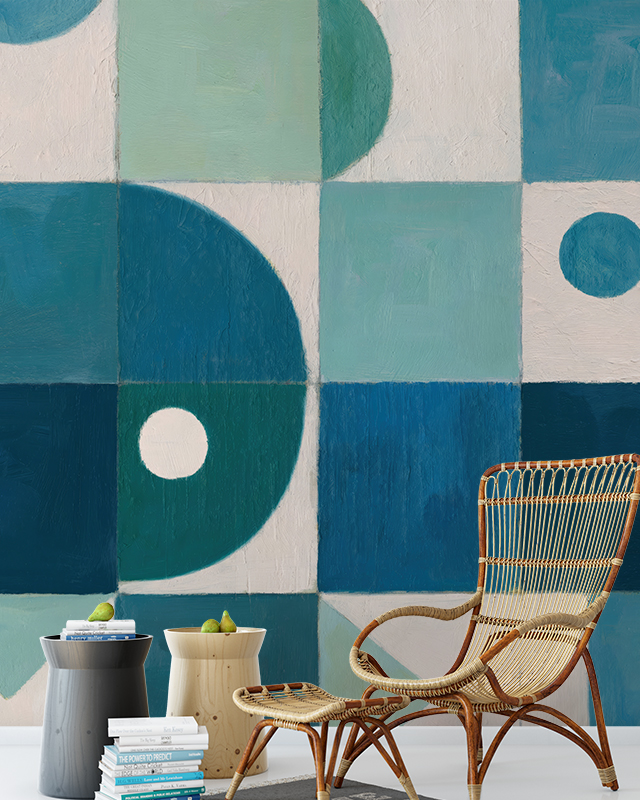 geometric-blue-wallpaper-textures-with-abstract-patterns-featuring-a-wicker-chair-and-stacked-books-in-the-foreground Geometric blue wallpaper textures with abstract patterns, featuring a wicker chair and stacked books in the foreground