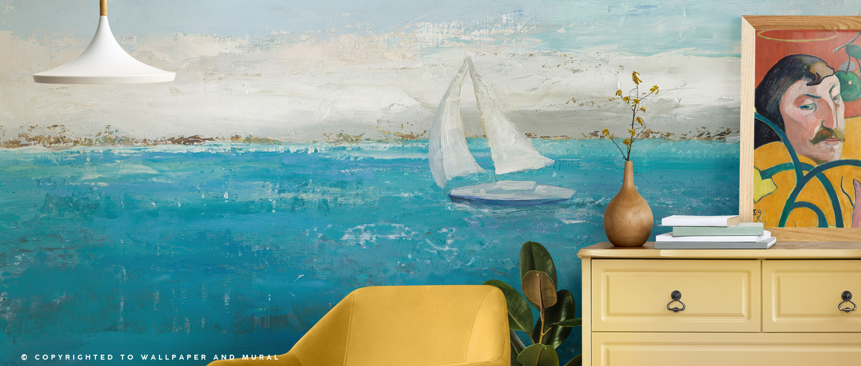interior-with-blue-wallpaper-patterns-depicting-a-sailboat-on-the-ocean-complemented-by-yellow-decor-elements Interior with blue wallpaper patterns depicting a sailboat on the ocean, complemented by yellow decor elements