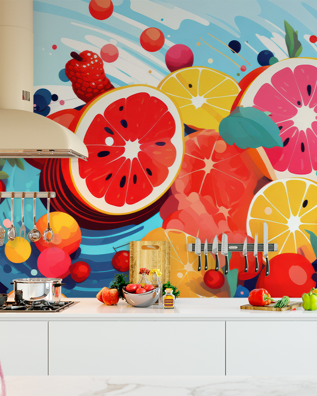 kitchen-with-vibrant-fruit-themed-wallpaper-and-lighting-featuring-colorful-grapefruit-and-lemon-illustrations Kitchen with vibrant fruit-themed wallpaper and lighting, featuring colorful grapefruit and lemon illustrations