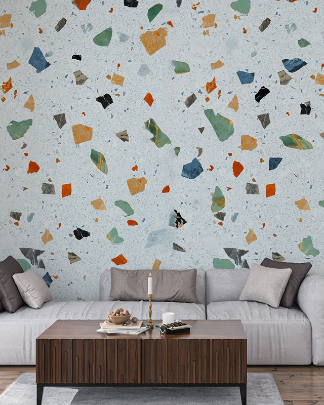 living-room-featuring-blue-wallpaper-textures-with-colorful-terrazzo-pattern-paired-with-a-minimalist-gray-sofa-and-wooden-table Living room featuring Blue Wallpaper Textures with colorful terrazzo pattern, paired with a minimalist gray sofa and wooden table
