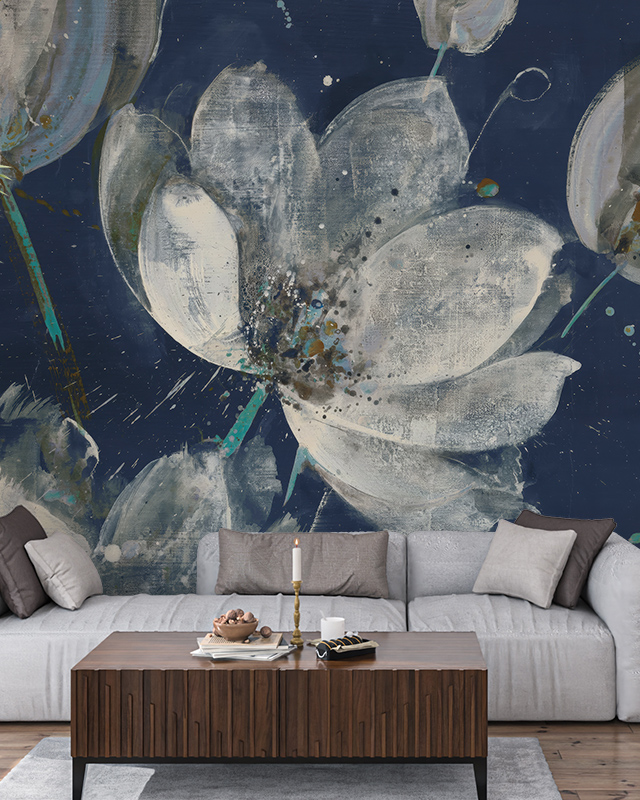 living-room-with-a-large-floral-mural-featuring-white-flowers-on-blue-wallpaper-and-lighting-from-a-candle-on-the-coffee-table Living room with a large floral mural featuring white flowers on blue wallpaper and lighting from a candle on the coffee table