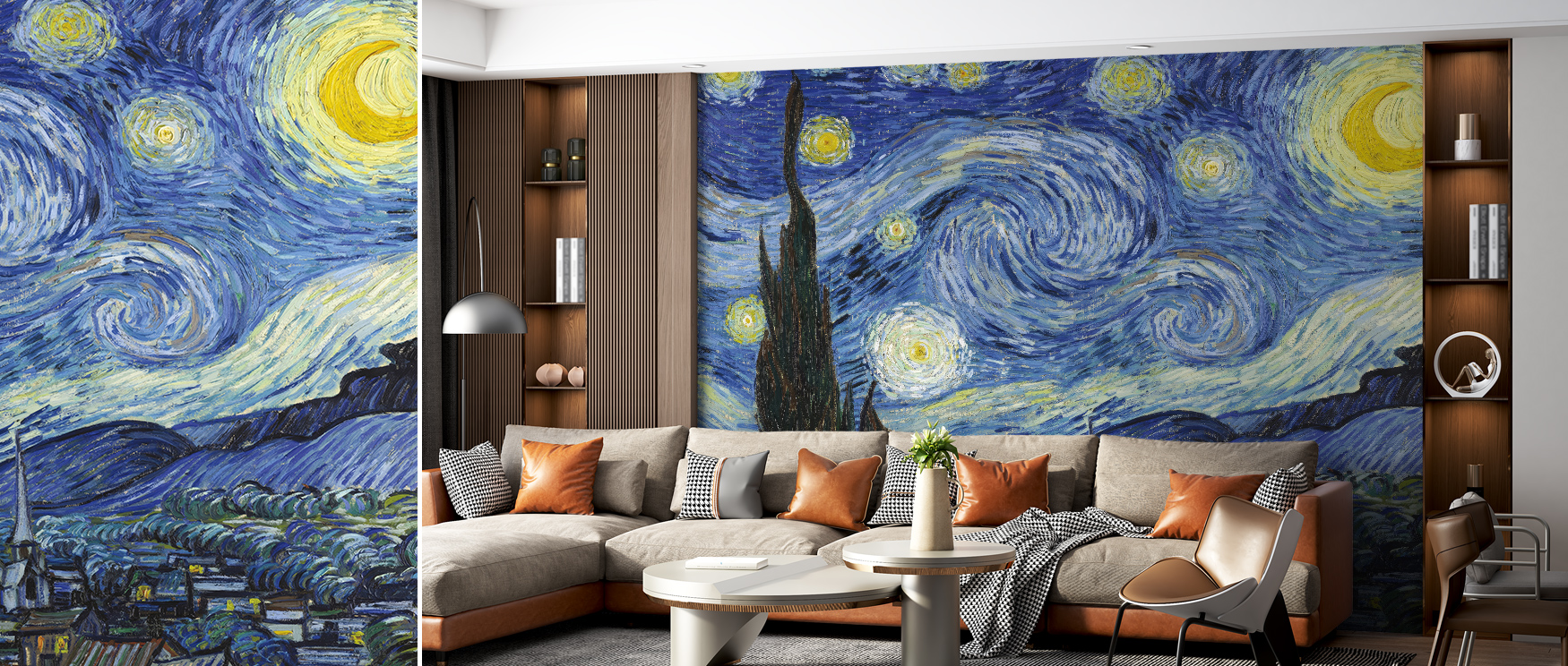 living-room-with-a-large-mural-of-van-gogh-s-starry-night-featuring-swirling-blue-wallpaper-patterns-and-yellow-stars Living room with a large mural of Van Gogh's "Starry Night," featuring swirling blue wallpaper patterns and yellow stars