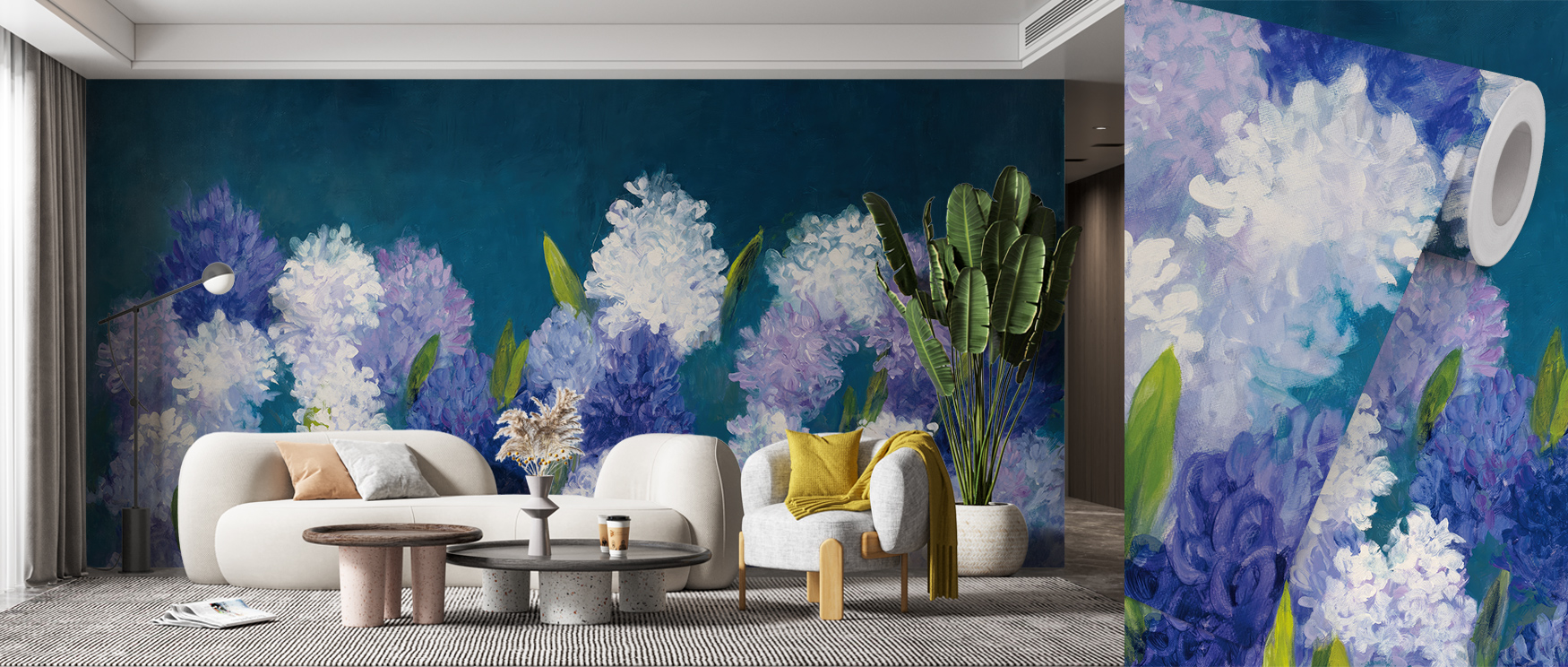 living-room-with-bold-blue-wallpaper-patterns-featuring-large-vibrant-floral-designs-and-modern-furniture-in-front Living room with bold blue wallpaper patterns featuring large, vibrant floral designs and modern furniture in front