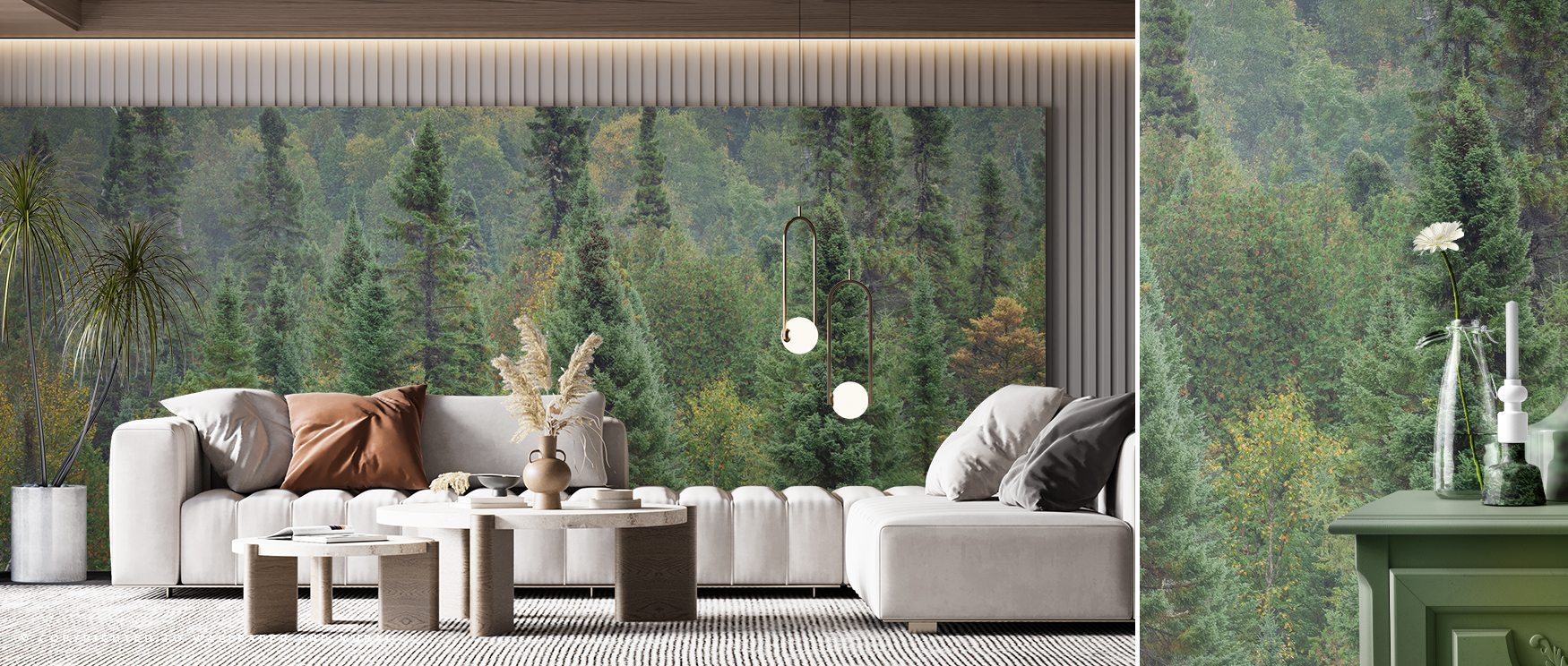 living-room-with-eco-friendly-wallpaper-featuring-a-lush-forest-scene-complemented-by-modern-white-furniture-and-wooden-accents Living room with eco-friendly wallpaper featuring a lush forest scene, complemented by modern white furniture and wooden accents