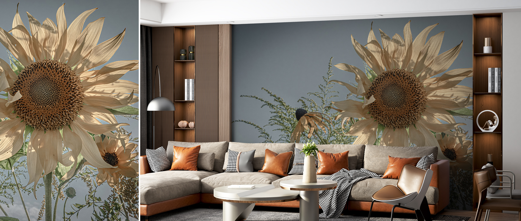 living-room-with-eco-friendly-wallpaper-featuring-large-sunflowers-and-greenery-complemented-by-a-beige-sectional-sofa-and-modern-decor Living room with eco-friendly wallpaper featuring large sunflowers and greenery, complemented by a beige sectional sofa and modern decor