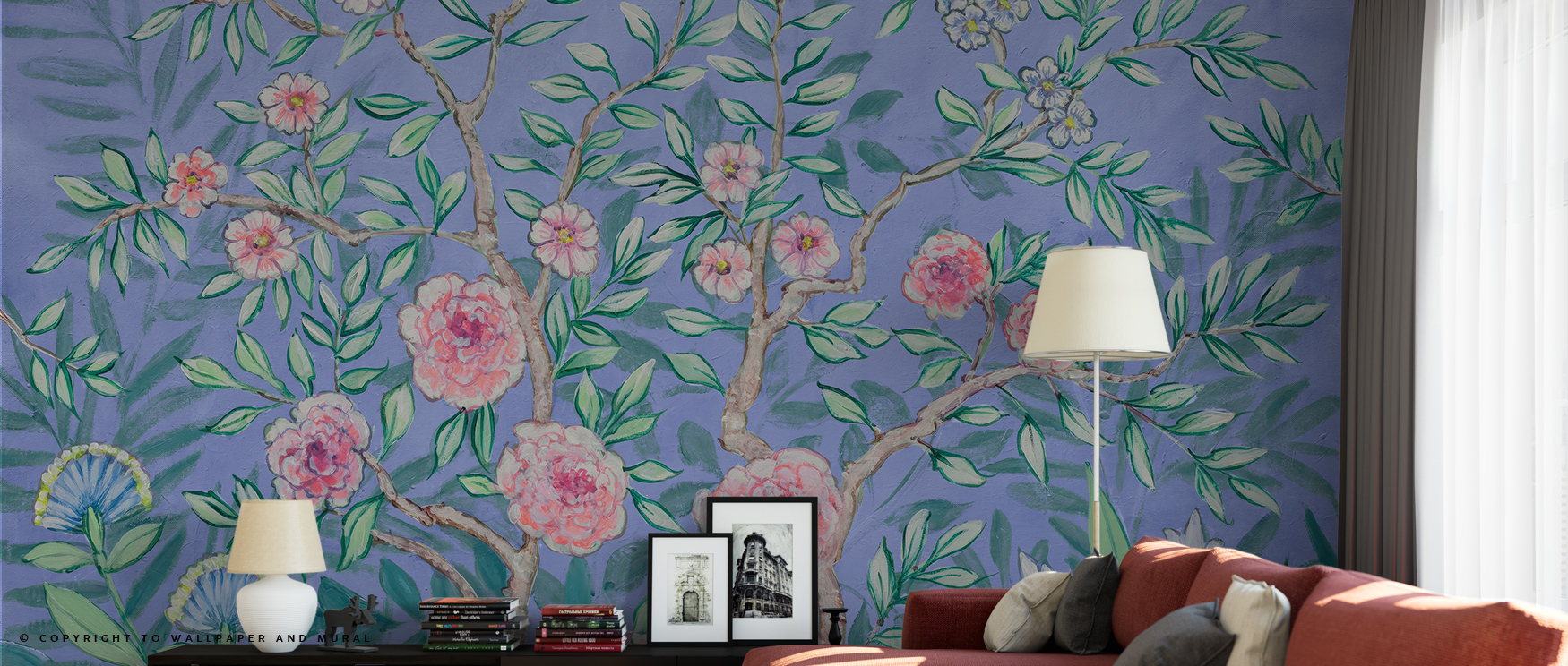 loral-blue-wallpaper-patterns-with-green-leaves-and-pink-flowers-in-a-cozy-living-room-setting loral blue wallpaper patterns with green leaves and pink flowers in a cozy living room setting