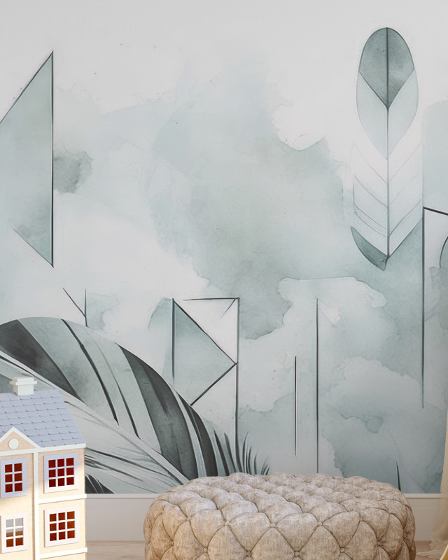 Minimalistic room with geometric feather designs on a wall, showcasing blue wallpaper trends