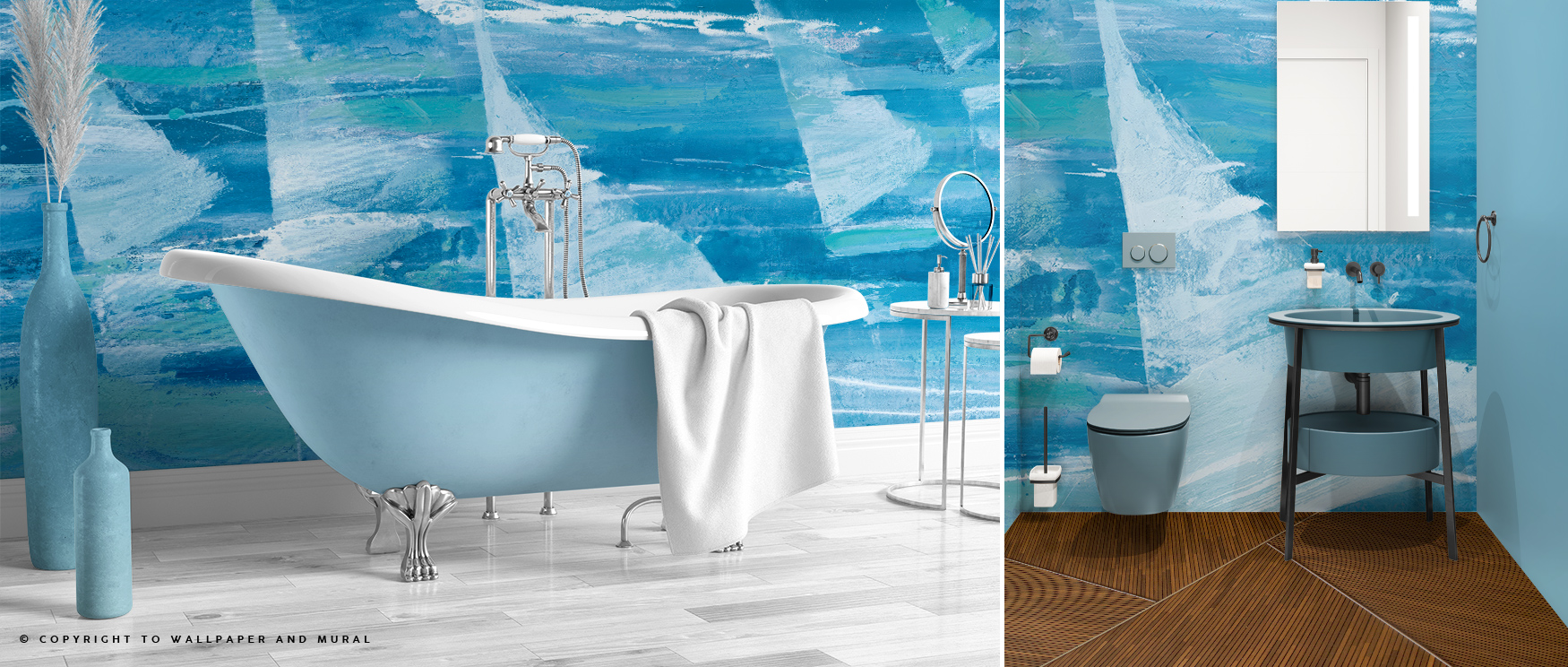 modern-bathroom-with-a-blue-freestanding-tub-and-blue-wallpaper-textures-featuring-abstract-ocean-inspired-designs modern bathroom with a blue freestanding tub and blue wallpaper textures featuring abstract ocean inspired designs