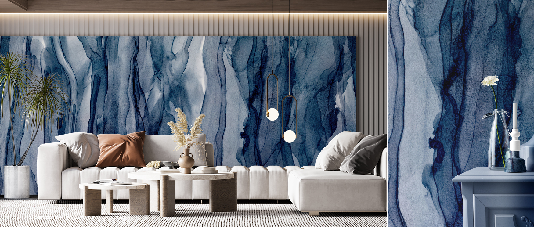 modern living room with abstract blue wallpaper trends featuring a white sofa wooden coffee table and contemporary pendant lighting