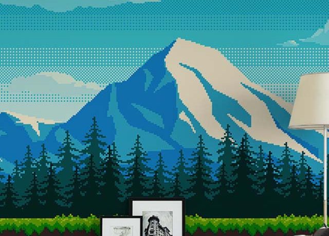 Pixelated mountain scene on a blue wallpaper behind a modern sofa, perfect for blue wallpaper for commercial spaces.