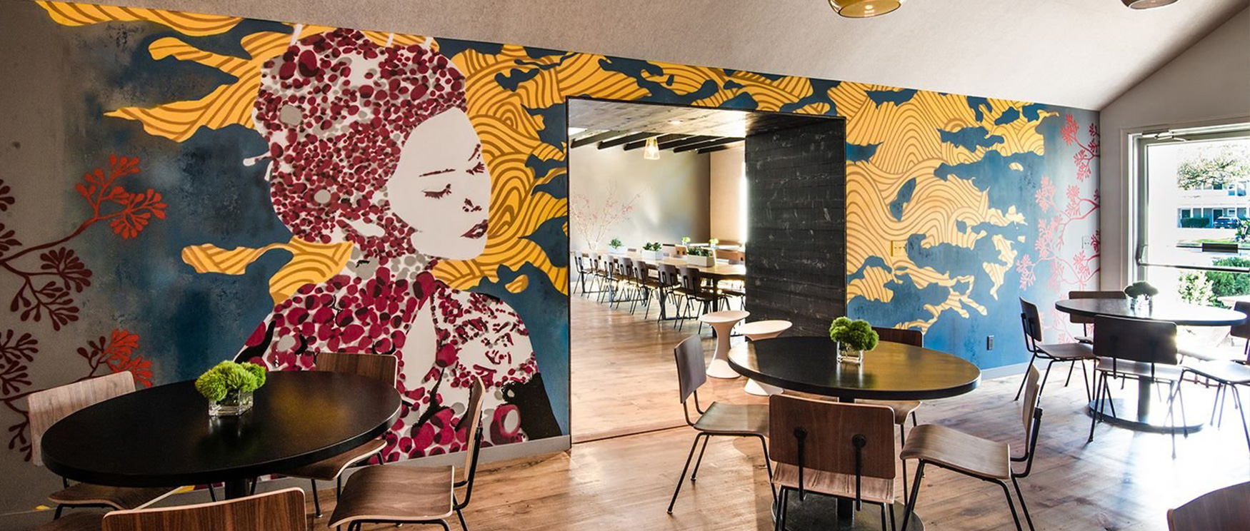 restaurant-interior-with-a-vibrant-mural-featuring-blue-wallpaper-for-commercial-spaces-depicting-a-stylized-woman-and-abstract-patterns Restaurant interior with a vibrant mural, featuring blue wallpaper for commercial spaces depicting a stylized woman and abstract patterns