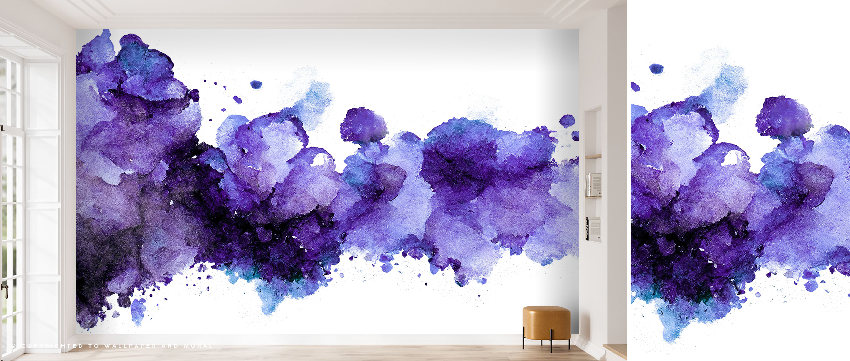 room-with-a-large-abstract-mural-featuring-purple-and-blue-watercolor-splashes-on-white-wallpaper-and-lighting-from-natural-sunlight-through-the-windows Room with a large abstract mural featuring purple and blue watercolor splashes on white wallpaper and lighting from natural sunlight through the windows