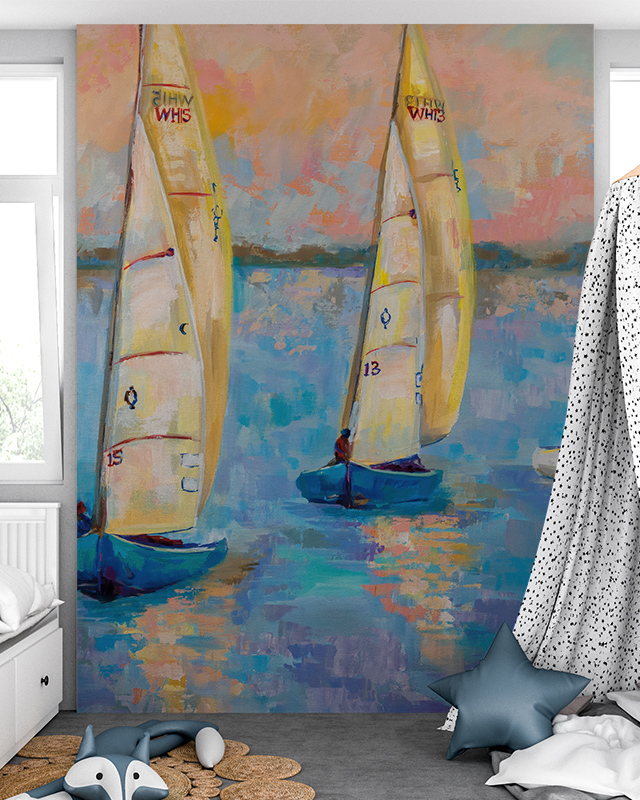 room-with-blue-wallpaper-patterns-depicting-sailboats-on-water-with-pillows-and-a-play-tent-in-front Room with blue wallpaper patterns depicting sailboats on water, with pillows and a play tent in front
