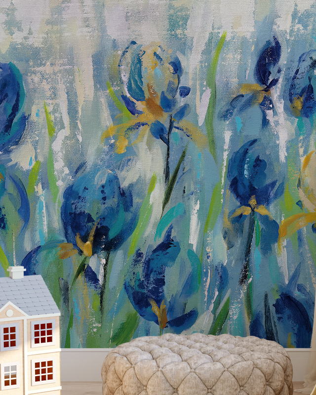 room-with-vibrant-floral-wallpaper-and-lighting-featuring-a-wicker-chair-and-small-tables-with-books-and-decor room with vibrant floral wallpaper and lighting featuring a wicker chair and small tables with books and decor