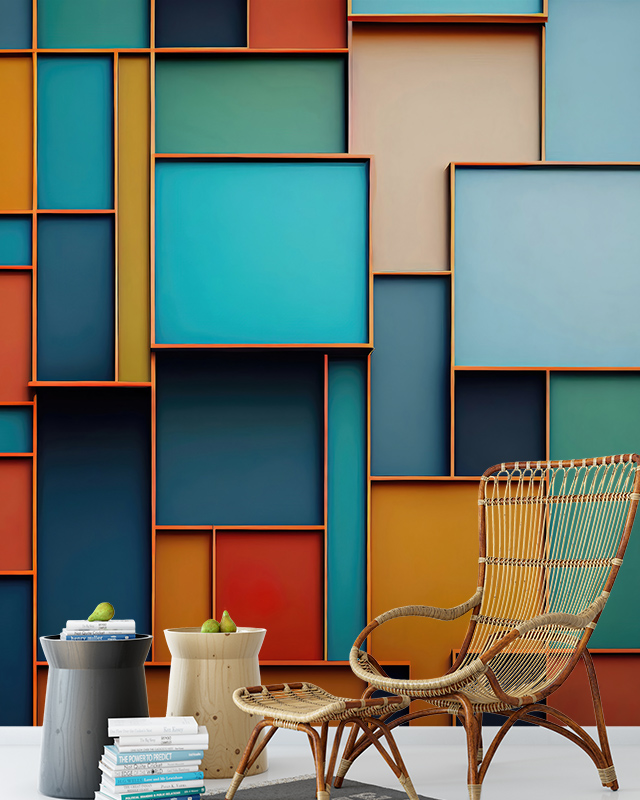 Room with vibrant geometric wall design featuring bold squares and rectangles, showcasing blue wallpaper trends