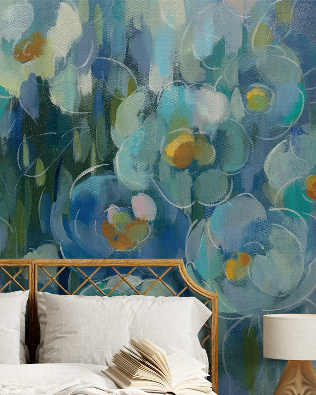 textured-blue-wallpaper-with-abstract-floral-patterns-behind-a-cozy-bed-with-an-open-book Textured blue wallpaper with abstract floral patterns behind a cozy bed with an open book