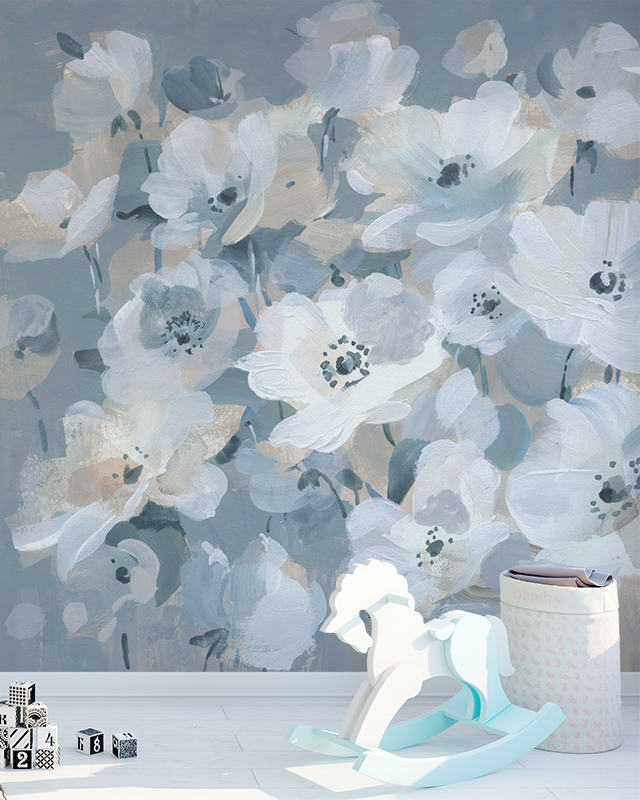 textured-blue-wallpaper-with-large-abstract-white-flowers-featuring-a-rocking-horse-and-toys-in-front Textured blue wallpaper with large, abstract white flowers, featuring a rocking horse and toys in front