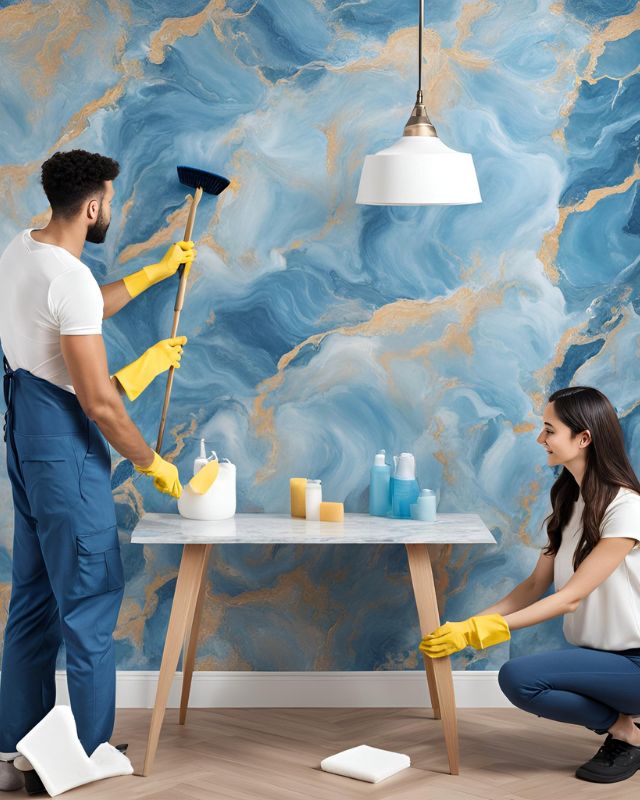 two-people-cleaning-in-front-of-a-marble-patterned-blue-wallpaper-for-commercial-spaces-with-cleaning-supplies-on-a-table Two people cleaning in front of a marble-patterned blue wallpaper for commercial spaces, with cleaning supplies on a table.