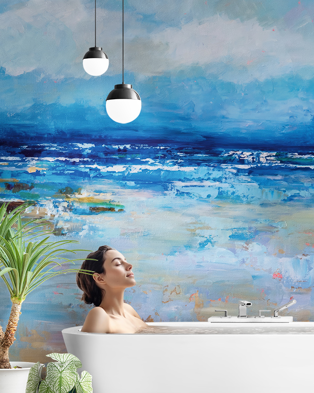 woman-relaxing-in-a-bathtub-with-serene-blue-wallpaper-textures-depicting-an-abstract-ocean-scene-in-the-background Woman relaxing in a bathtub with serene blue wallpaper textures depicting an abstract ocean scene in the background