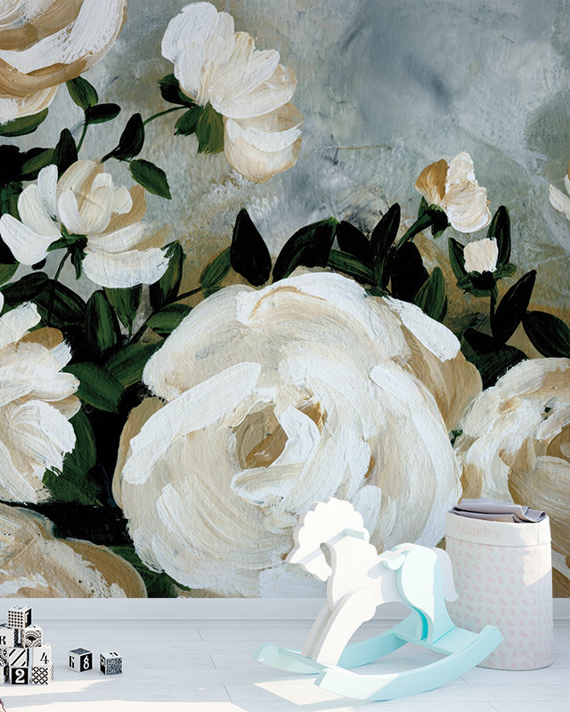 Elegant-floral-wallpaper-trend-featuring-large-hand-painted-white-roses-with-green-leaves-on-a-textured-background.-The-room-includes-a-soft-toy-and-creating-a-charming-nursery-space Elegant floral wallpaper trend featuring large, hand-painted white roses with green leaves on a textured background. The room includes a soft toy and creating a charming nursery space.