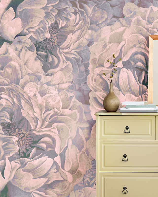Floral Wallpaper Trend featuring oversized pink peonies with intricate details. In front of the wallpaper is a beige dresser adorned with a simple vase and stacked books. Floral Wallpaper Trend featuring oversized pink peonies with intricate details. In front of the wallpaper is a beige dresser adorned with a simple vase and stacked books.